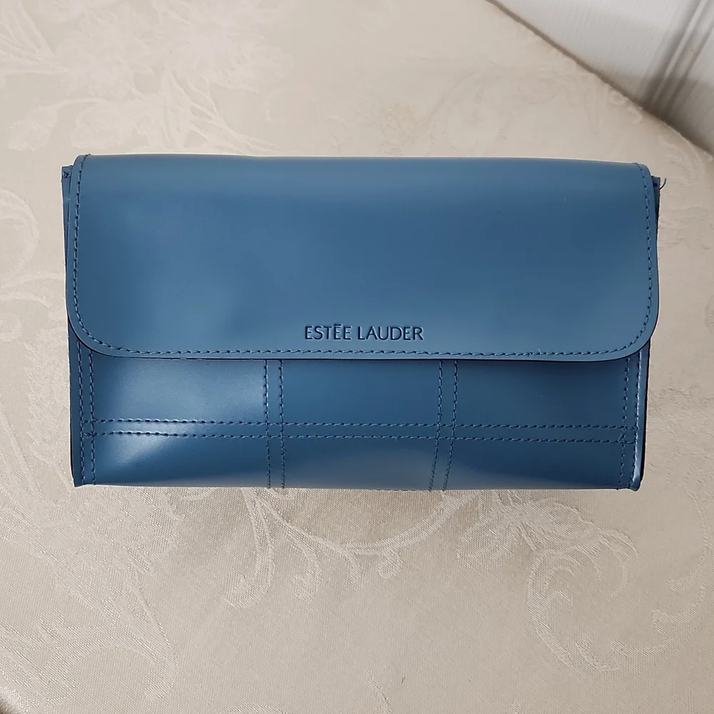 Estee Lauder blue cosmetic bag hook and loop fasteners - Picture 1 of 5